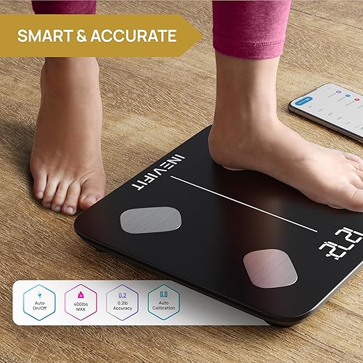 INEVIFIT Smart Body Fat Scale, Highly Accurate Bluetooth Digital Bathroom Body Composition Analyzer, Measures Weight, Body Fat, Water, Muscle, Visceral Fat & Bone Mass for Unlimited Users (Eco-Blk)