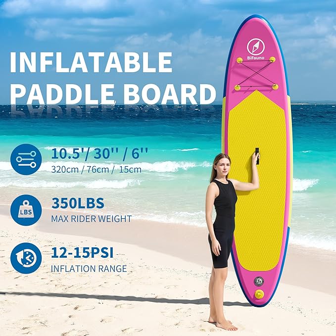 Inflatable Stand Up Paddle Board with SUP Accessories & Backpack. Paddle Boards for Adults. Non-Slip Deck, Wide Stance, Bottom Fin, Double Action Pump.