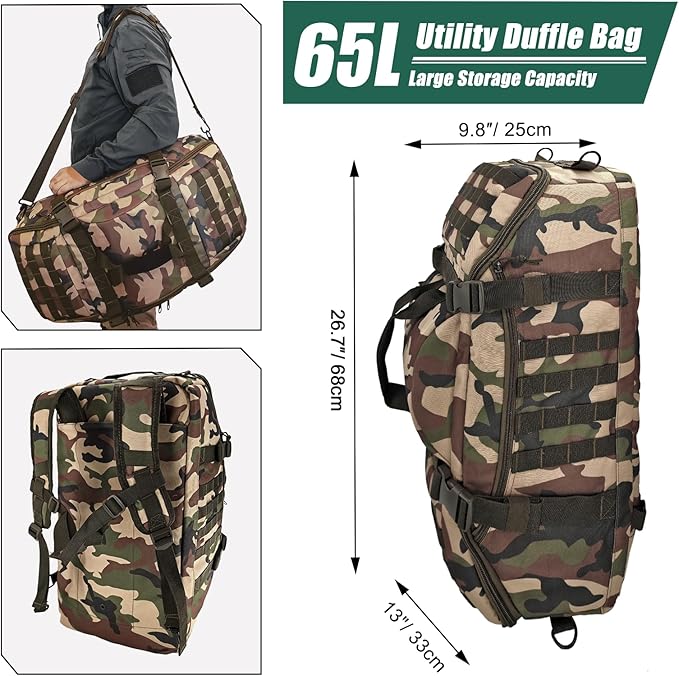 65L Large Duffle Bag, 3-in-1 Tactical Backpack MOLLE Pack for Gym, Sports, Outdoor, Woodland
