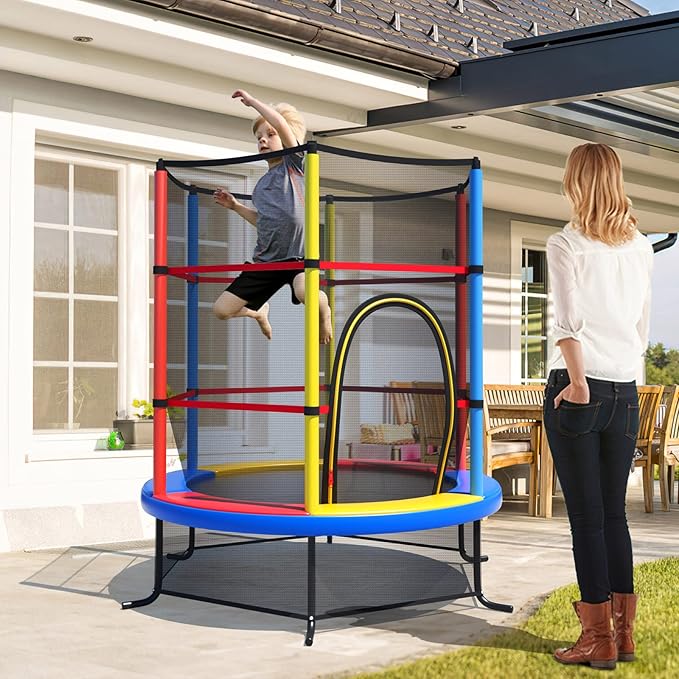 GYMAX Toddler Trampoline, 55” Trampoline for Kids with Bottom-to-Top All-Round Enclosure Net & Seamless Jumping Mat, ASTM Approved Easy Assembly Kids Mini Trampolines Indoor/Outdoor