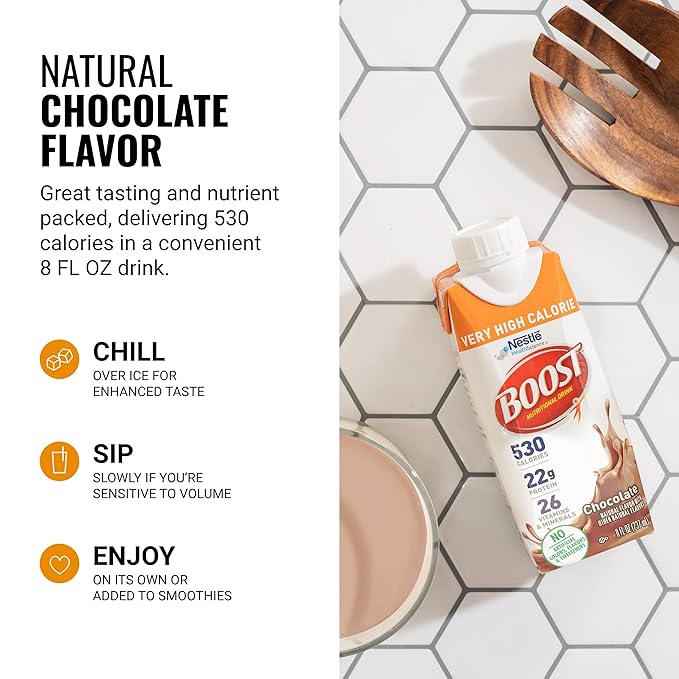 BOOST Very High Calorie Nutritional Drink – Helps Weight Gain & Maintenance - 530 Calories - 26 Vitamins & Minerals - 22 g Protein - Calorie-Dense Nutritional Drink - Chocolate - 8 fl oz (Pack of 24)