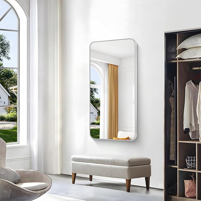 Silver Bathroom Mirror,24x48 inch Wall Mirror for Bathroom Wall Mounted,Rectangle Mirror for Bathroom Over Sink,Modern Frame Round Corner for Living Room,Bedroom Entryway,Horizontal/Vertical