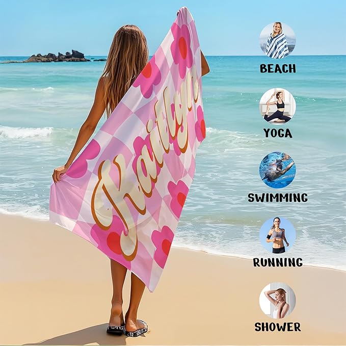 JML Personalized Beach Towel with Name, Custom Flower Beach Towel, Customized Microfiber Pool Towel, Quick Dry & Absorbent Swim Towel for Adult,Anniversary, Birthday, Summer Holiday,Vacation