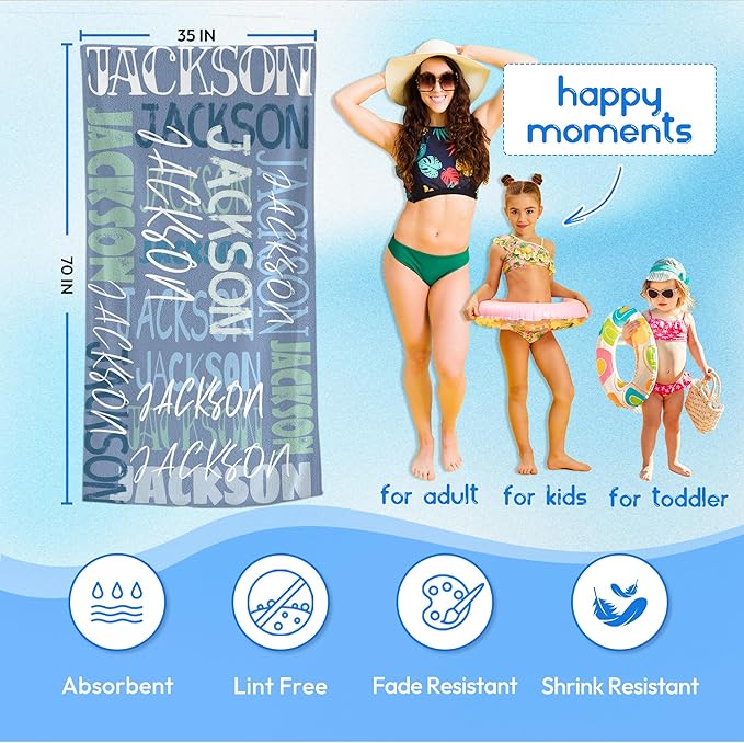 JML Personalized Beach Towel with Name, Custom Beach Towel with Name, Customized Microfiber Pool Towel, Quick Dry & Absorbent Swim Towel for Adult,Anniversary, Birthday, Summer Holiday,Vacation
