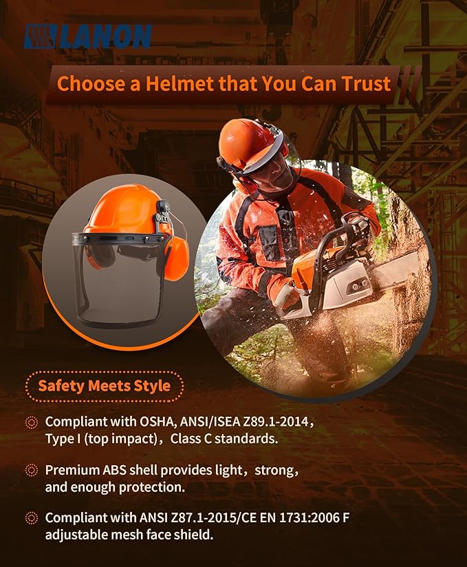 LANON Industrial Forestry Safety Helmet Protection System, ANSI Approved Chainsaw Hard Hats with Adjustable Ear Muffs & Face Shield Visor, 6 Point Adjustable Ratchet Suspension, Class C, Orange