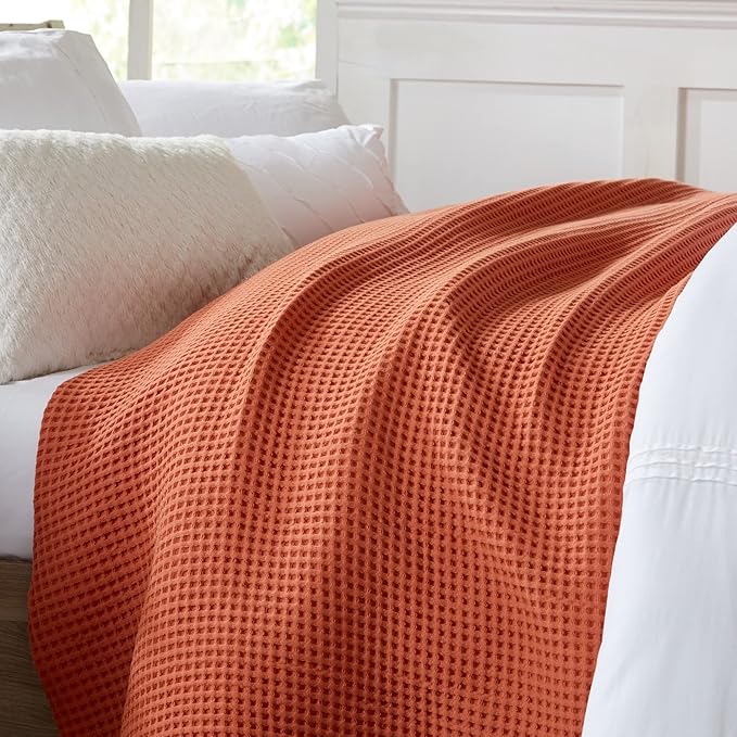100% Cotton Waffle Weave Bed Blanket | Soft, Breathable, and Lightweight Blanket for All-Season | Perfect for Layering | Brielle Collection (Full/Queen, Burnt Orange)