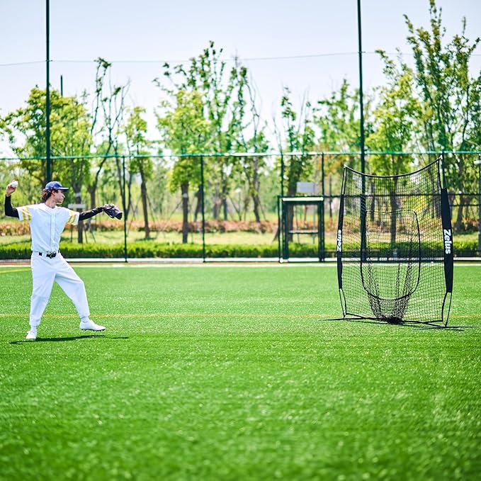 ZELUS Baseball Net 7 ft x7 ft, Softball Hitting & Pitching with Carry Bag, Ground Stakes, Portable Backstop & Bow Frame, Training Equipment for All Ages