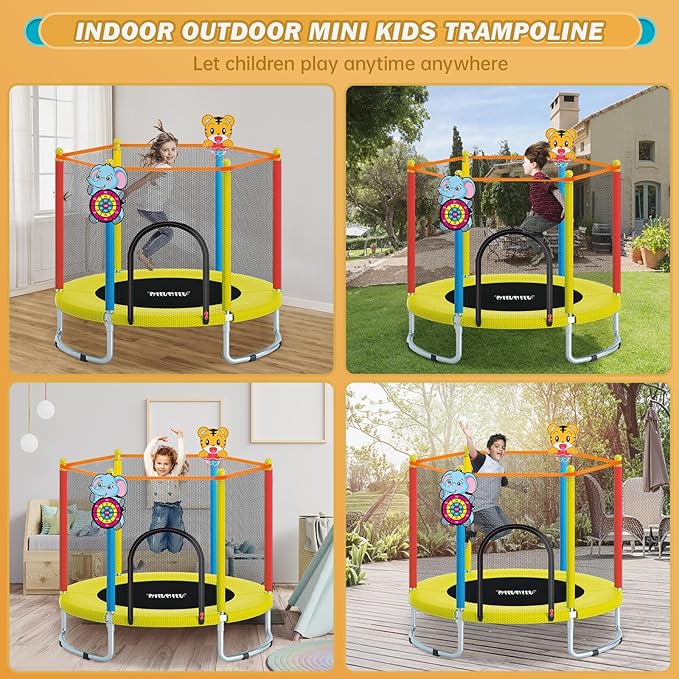 60" Indoor Outdoor Trampoline for Kids,MILUMILU Mini Baby Trampoline with Safety Enclosure Net, Basketball Hoop, Jumping Mat - Birthday Gifts for Children Boy Girl.
