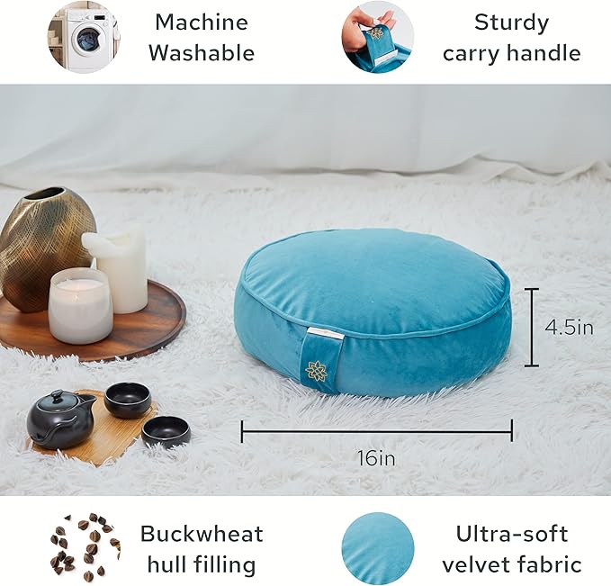 Mindful & Modern Velvet Meditation Cushion | Luxe Zafu Yoga Floor Pillow Seat | Posture Support | Buckwheat Hull Filled | Large Round Cushion with Removable Washable Cover + Carry Handle | Color Teal
