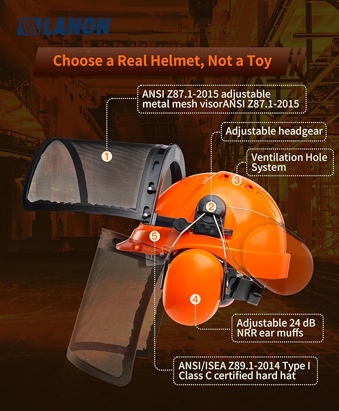 LANON Industrial Forestry Safety Helmet Protection System, ANSI Approved Chainsaw Hard Hats with Adjustable Ear Muffs & Face Shield Visor, 6 Point Adjustable Ratchet Suspension, Class C, Orange