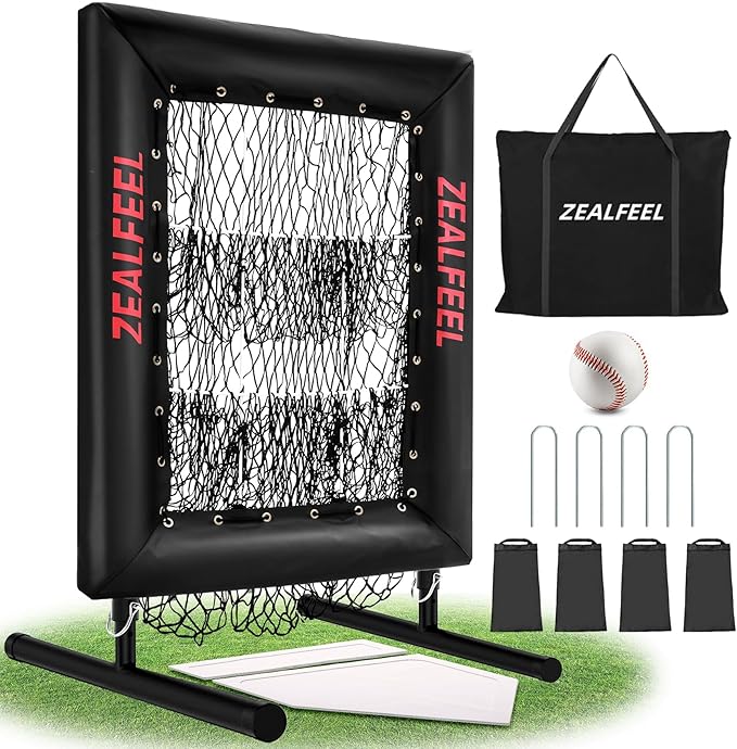 Baseball Pitching Net Pro, 9 Hole Pitching Net with Strike Zone Target, 5 Height Adjustable, Portable Easy Setup Trainer Net for Baseball & Softball with Ball, Home Plate & Pitching Rubber