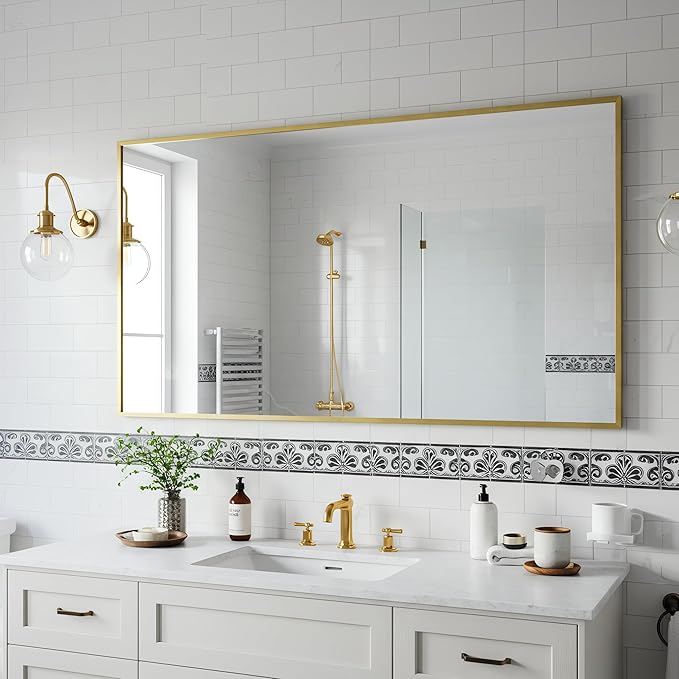 20x40 Inch Brass Bathroom Mirror for Wall, Aluminum Frame Rectangle Rectangular Vanity Mirror, Modern Large for Bedroom, Living Room, Horizontal or Vertical