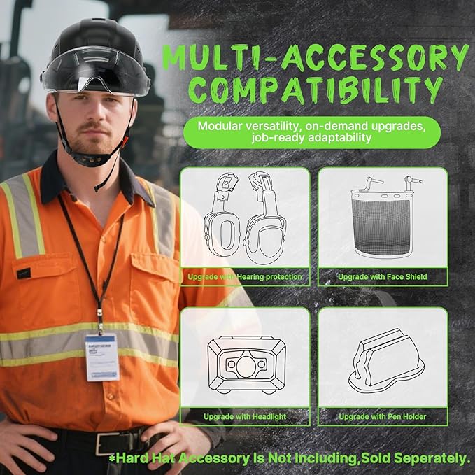 AOLAMEGS Construction Hard Hats for Men - ANSI Z89.1 OSHA Approved Safety Helmets, Black Hard Hat, Adjustable Vented Construction Hat with Clear Visor and Chin Strap, High Impact ABS Hardhats