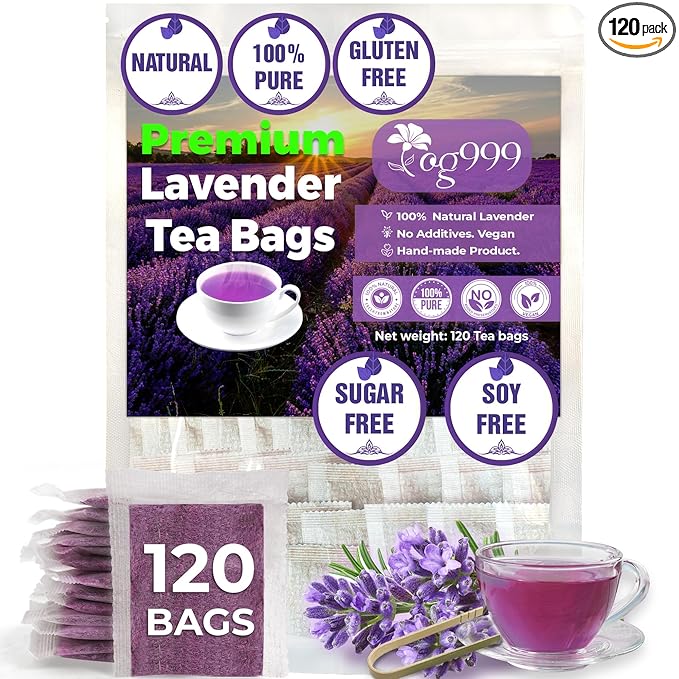 120 Lavender Flower Tea Bags, 100% Natural & Pure from Lavender Flowers. Loose Flower Lavender Herbal Tea. Lavender Flower Tea. No Sugar, No Caffeine, No Gluten, Vegan.