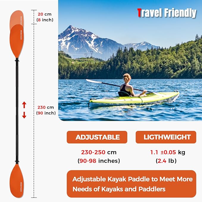 Kayak Paddles with Alloy Shaft and PP Blade, Floating Kayaking Oars, Adjustable 230-250 cm/90-98 Inches, 210-230 cm/82-90 Inches