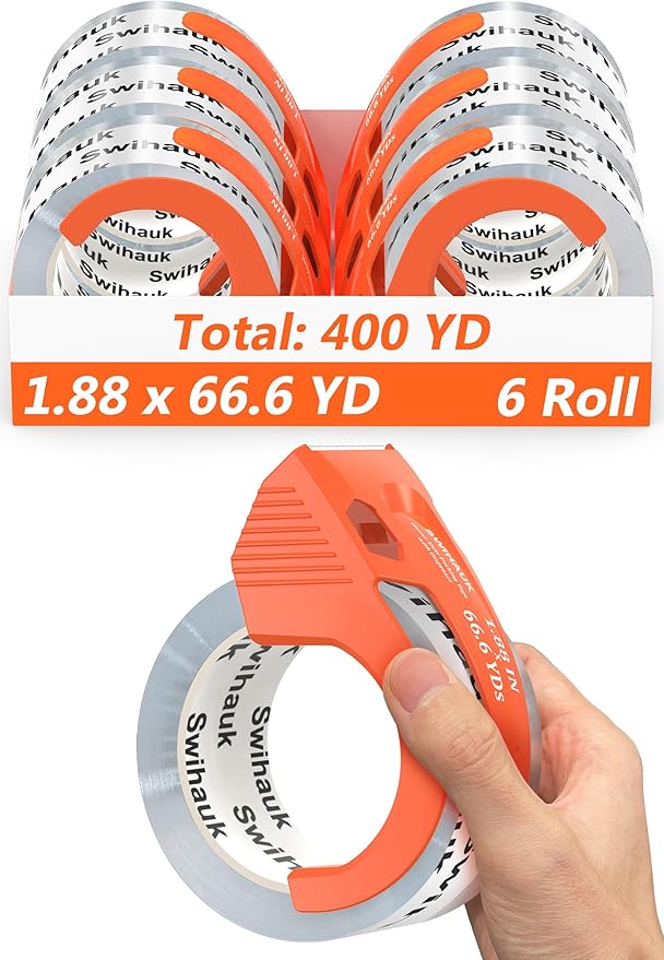 Swihauk Total 400 yd, 6 Pack 1.88 in x 66.6 yd - Heavy Duty Packing Tape with Dispenser Combo, Clear Shipping Tape, Packaging Tape, Package Tape for Shipping Moving Storage and Mailing, w30200