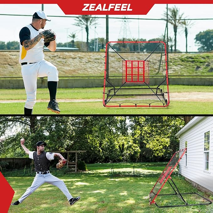 Baseball Rebounder Net, 3/5 Adjustable Angles 4x4.5FT Pitch Back Baseball Softball Volleyball Rebounder with 2 Strike Zones, UV Resistant, Pitchback Trainer for Ground, Line Drive & Fly Balls