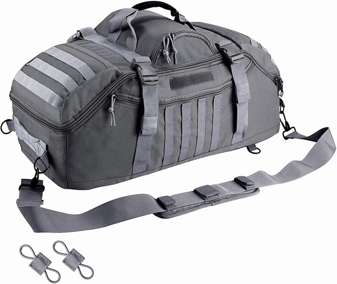 65L Large Duffle Bag, 3-in-1 Tactical Backpack MOLLE Pack for Sports, Gym, Outdoor, Grey