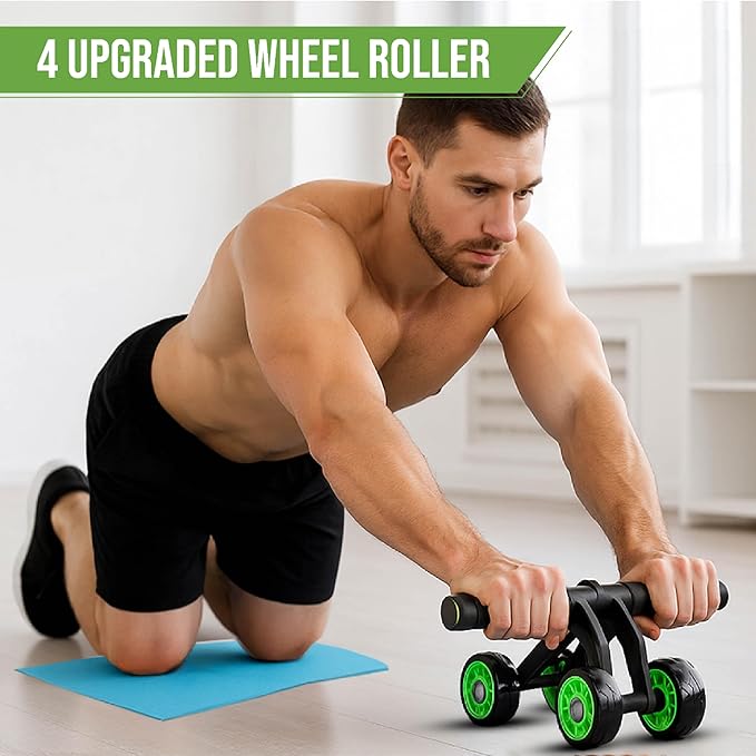 4-Wheel Ab Roller with Knee Pad – Abdominal Exercise Wheel for Core Strength Training, Stable Ab Workout Equipment for Men & Women, Non-Slip Handles, Smooth Bearings, Portable Home Gym Fitness Tool