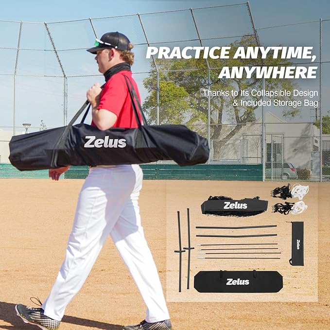 ZELUS Baseball Net 7 ft x7 ft, Softball Hitting & Pitching with Carry Bag, Ground Stakes, Portable Backstop & Bow Frame, Training Equipment for All Ages