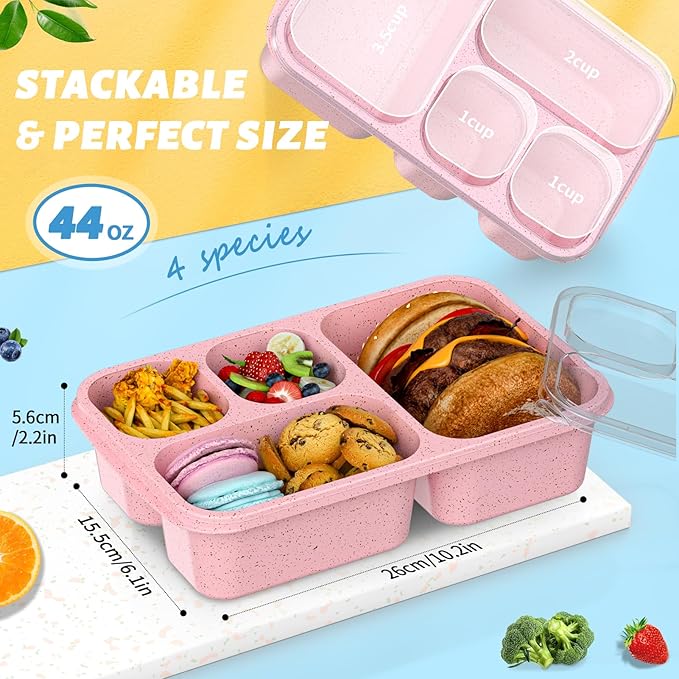 Large Capacity Bento Box for Adults, 4-Piece Set – Stackable Lunch Box with 4 Compartments, Microwave & Dishwasher Safe, Reusable Meal Prep Containers, Snack Containers for Kids & Adults (Pink)
