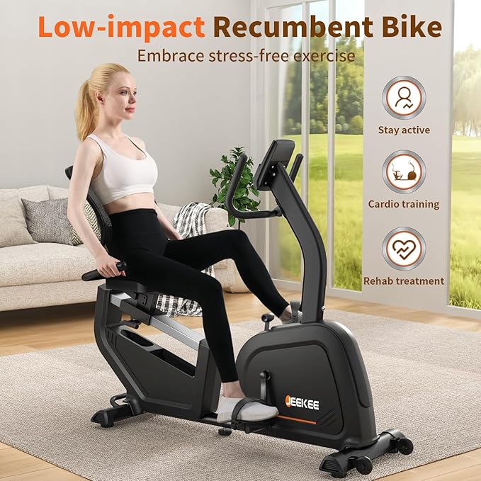 JEEKEE Recumbent Exercise Bike for Seniors,Stationary Bikes for Home, 300LB Capacity & 16 Levels Magnetic Resistance, Heart Rate Handle