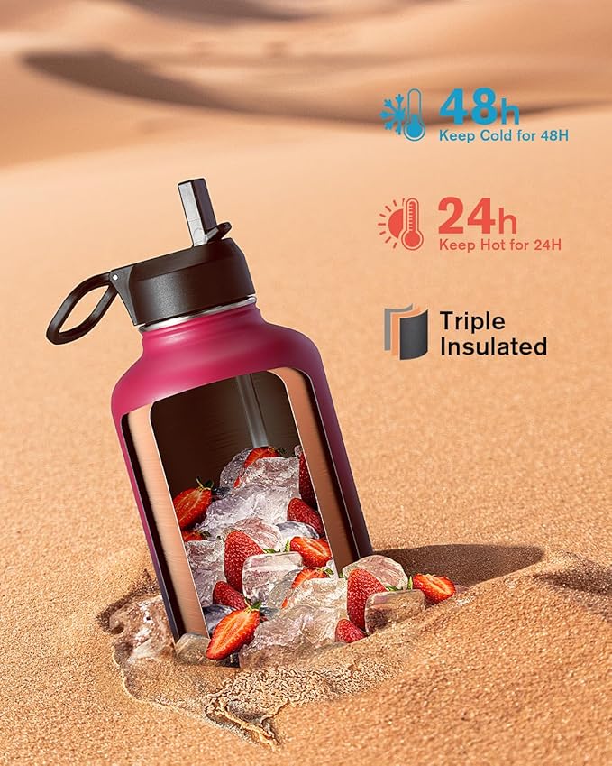 Half Gallon Water Bottle Insulated with Straw & 3 Lids, Coolflask 64 oz Water Jug Large Metal Stainless Steel Wide Mouth for Sports, Gym or Office, Non-BPA Keep Cold 48H Hot 24H, Ombre Wine/Navy