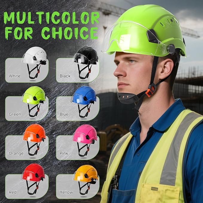 AOLAMEGS ABS Safety Hard Hat - ANSI Z89.1 Approved Safety Helmet with Visor Adjustable Vented Hardhat for Men Women Adults Safety Hardhats for Industrial Construction Work (Bright Yellow Clear Visor)