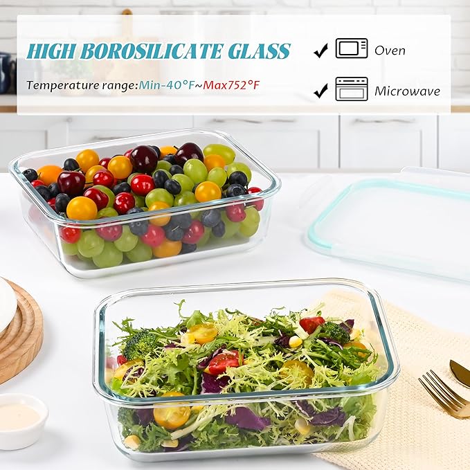 2Pack 9.8 Cups/ 78 Oz Large Glass Food Storage Containers with Lids, Glass Meal Prep Containers with Airtight Lids - BPA Free, Leakproof, Ideal for Food Storing/Serving, Microwave/Oven Safe