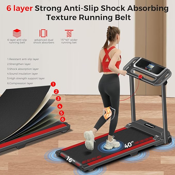 Portable Treadmill with Handle, 3.0HP Walking Pad Treadmill, Electric Compact Treadmills,Treadmills for Home Small Space with 12 Preset Programs, Walking Pad with Handle,300 LBS Capacity(Black Red)