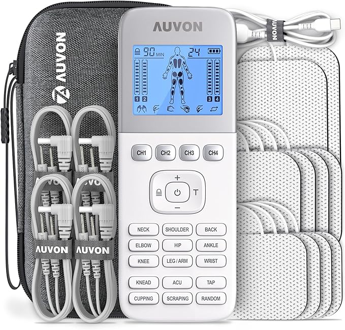 AUVON 4 Outputs TENS Unit 24 Modes Muscle Stimulator with EVA Travel Case, Rechargeable TENS EMS Machine with Easy-to-Select Button Design for Pain Relief, 2X Battery Life, 10 Electrode Pads
