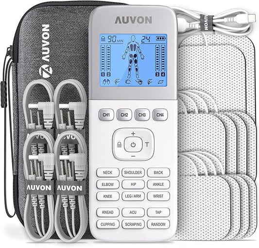 AUVON 4 Outputs TENS Unit 24 Modes Muscle Stimulator with EVA Travel Case, Rechargeable TENS EMS Machine with Easy-to-Select Button Design for Pain Relief, 2X Battery Life, 10 Electrode Pads