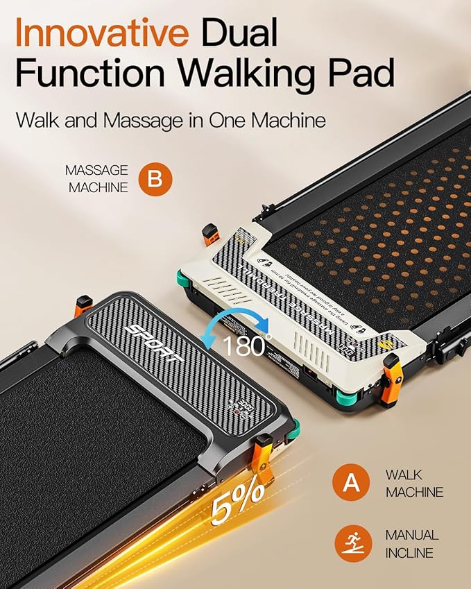 FUNRAY Versatile Walking Pad Treadmill with Incline - Dual-Sided Under Desk Treadmill with Foot Massage,2 in 1 Walking Machine for Home/Office with 330LBS Weight Capacity