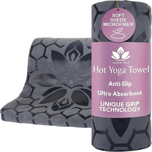 Clever Yoga Non-Slip Hot Yoga Towel – Non-Slip Grip for Hot Yoga, Sweat Absorbent, Honeycomb Silicone Grip, Stays Flat – Ideal for Pilates, Travel, Washable & Lightweight - Gray