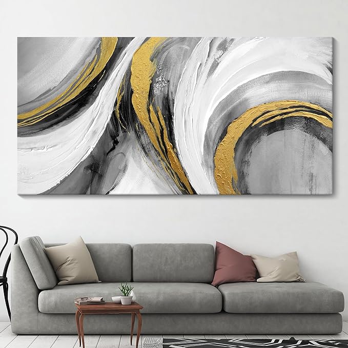 Large Abstract Wall Art - Modern Black White Gold Tones Hand Drawn Textures Ink Graffiti Canvas Painting Artwork for Home Bedroom Living Room Office Hallway Bed Above Decor 29"X58"