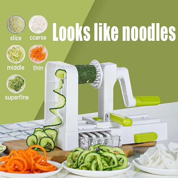 5-Blade Vegetable Spiralizer for Veggie Noodles – Quick Kitchen Slicer with 4 Interchangeable Blades for Carrots, Potatoes, Cucumbers, and Luffa (White)