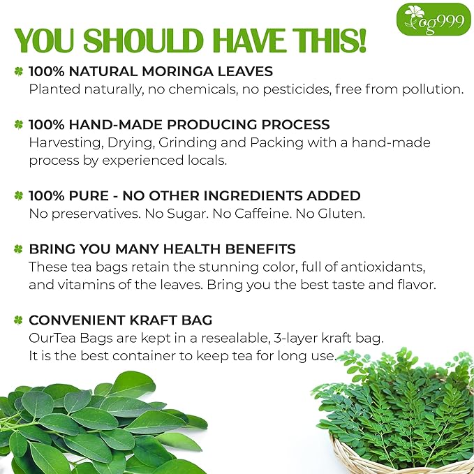 TOG999, Premium 60 Moringa Leaf Tea Bags, 100% Natural & Pure from Moringa Leaves. Loose Leaf Moringa Herbal Tea. Moringa Leaf Tea. No Sugar, No Caffeine, No Gluten, Vegan.