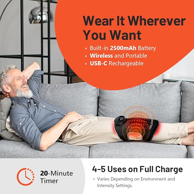 HALIDODO Red Light Therapy & Vibration Massage Knee Brace - Wireless Rechargeable Controller, 660nm&850nm Red Light Therapy Heated Device for Knee/Joint/Elbow/Shoulder Pain Relief, Faster Recovery