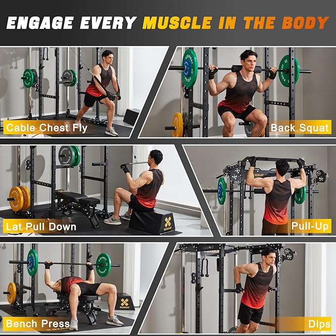 GXMMAT X6 Power Cage, 2200LB Multi-Function Power Rack with Independent Dual Aluminum Pulley System, Squat Rack for Home Gym Strength Training Equipment, Heavy-Duty Steel Construction