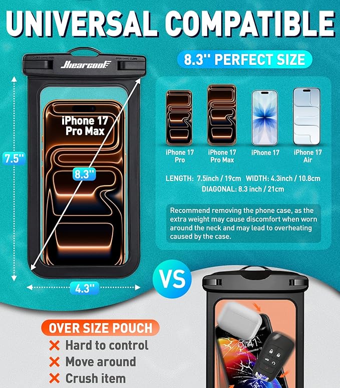 Hiearcool Universal Waterproof Case, Waterproof Phone Pouch Compatible for iPhone 17 16 15 14 13 Pro Max XS Plus Samsung Galaxy S22 Cellphone Up to 8.3", IPX8 Cellphone Beach Bag for Travel - 2 Pack