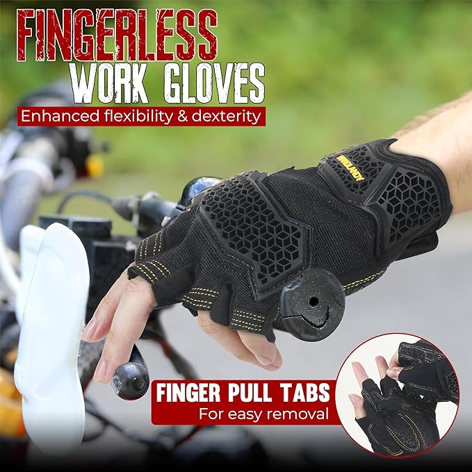 HANDLANDY Fingerless Work Gloves for Men, Padded Impact Tactical Mechanics Gloves, Grip Utility Trucker Driver Gloves (Black- Impact, X-Large (Pack of 1))