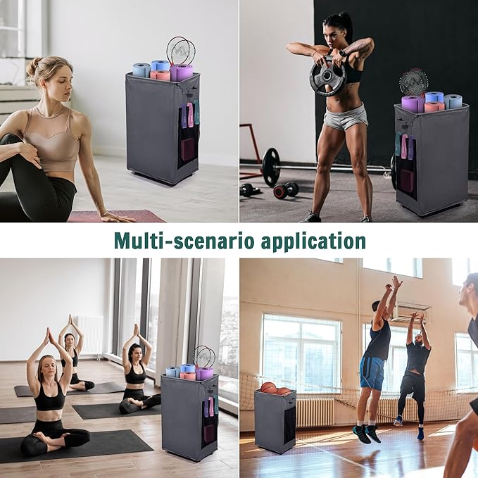 Yoga Mat Storage Racks, Home Gym Storage Rack with Wheels, Yoga Mat Holder Side 2 Mesh Pockets, Yoga Storage Basket Holds 4 Yoga Mats, 2 Foam Rollers, 6 Resistance Bands