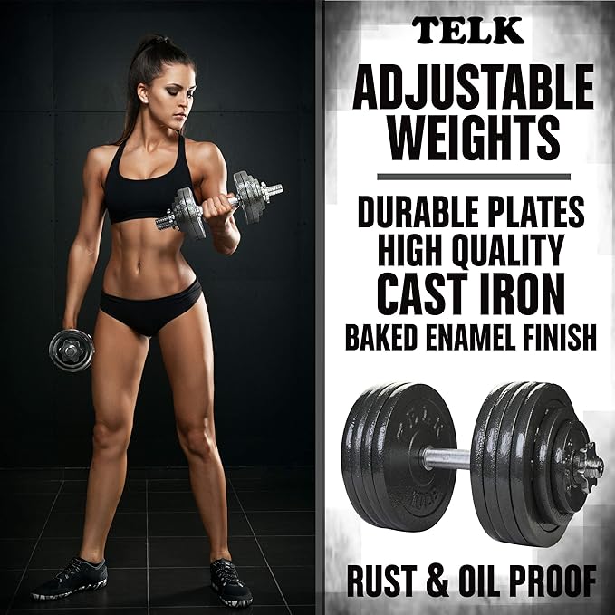 TELK – Adjustable Dumbbell Set – Home Gym Weight Set with Baked Enamel Cast Iron Plates – Space-Saving Free Weights for Strength Training