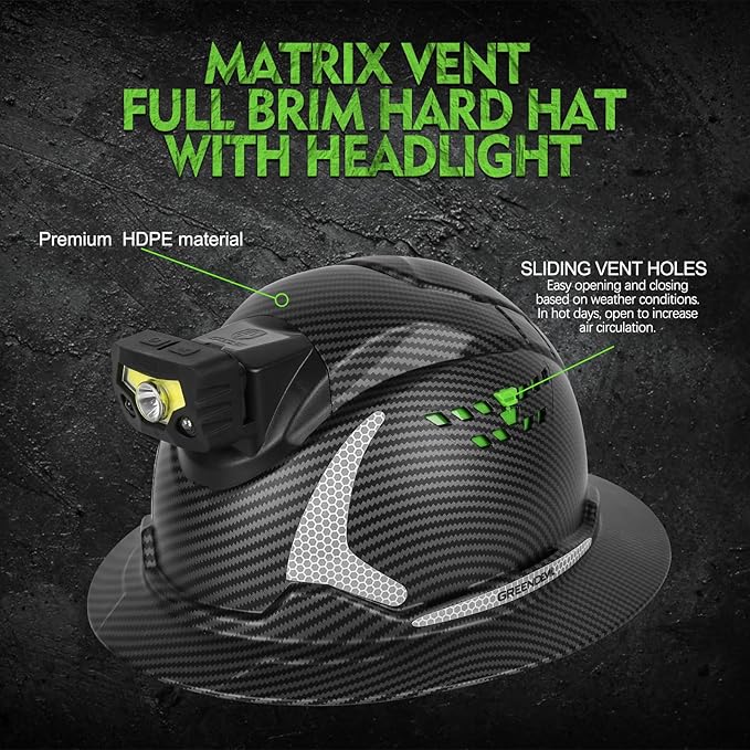 GREEN DEVIL Matrix Full Brim Hard Hat with Headlight Vented Construction Safety Helmet OSHA Approved Cascos De Construccion Work Hardhat for Men&Women