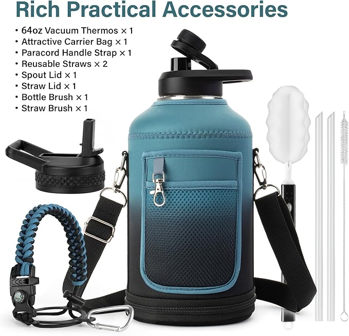 Insulated Water Bottle | Thickened Stainless Steel Vacuum Metal | Portable Sports Half Gallon Large Water Jug for Gym and Hiking with Straw, Carrier Bag, Handle Strap | BPA-Free 64 oz