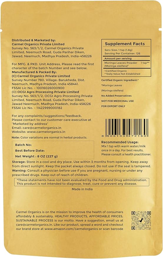 Moringa Leaves Powder (8 Ounce) | Non GMO | Super Food for Smoothies and Drinks | Natural | No Added Preservative or Additive | Moringa Oleifera Powder