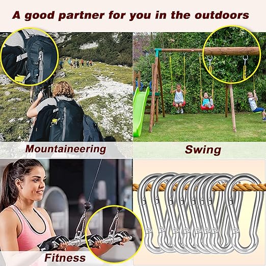 200PCS M6 Spring Snap Hook Carabiner, Heavy Duty Galvanized Steel Carabiner Clip, 260LBS Holding Capacity Spring Clips for Hammock Swing Outdoor Travel