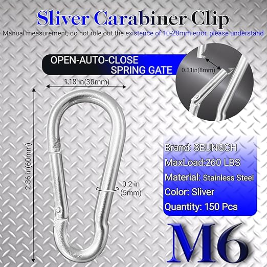 150 Pcs 2.36" M6 Spring Snap Hook Carabiners - Heavy Duty Galvanized Steel Keychain Clips for Hammock, Swing, Camping, Hiking & Outdoor Gear (Sliver)