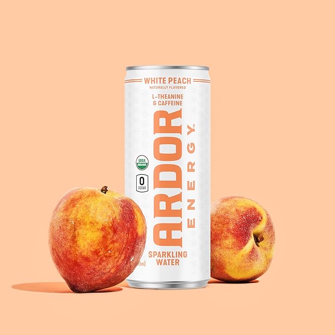 ARDOR ENERGY Sparkling Water with 100mg Natural Caffeine & 200mg L-Theanine from Organic Green Tea for Smooth Energy & Focus | Healthy Energy Drink | No Sugar, Zero Calories, Vegan, Gluten-Free | White Peach (Pack of 12, 12oz cans)