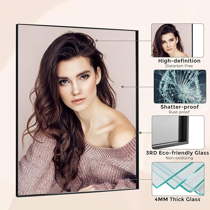 27x36 Inch Black Bathroom Mirror for Wall, Aluminum Frame Rectangle Rectangular Vanity Mirror, Modern Large for Bedroom, Living Room, Horizontal or Vertical